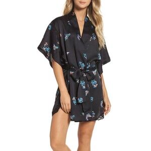 NWT New Designer Natori Short Wrap Robe Womens L Silky Satin Flowers Black Lace